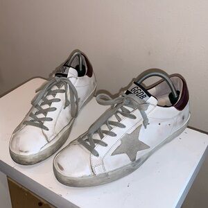 Golden Goose White and Gray Sneakers with Burgundy Accent